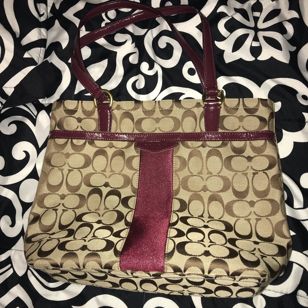 Tan & maroon coach purse